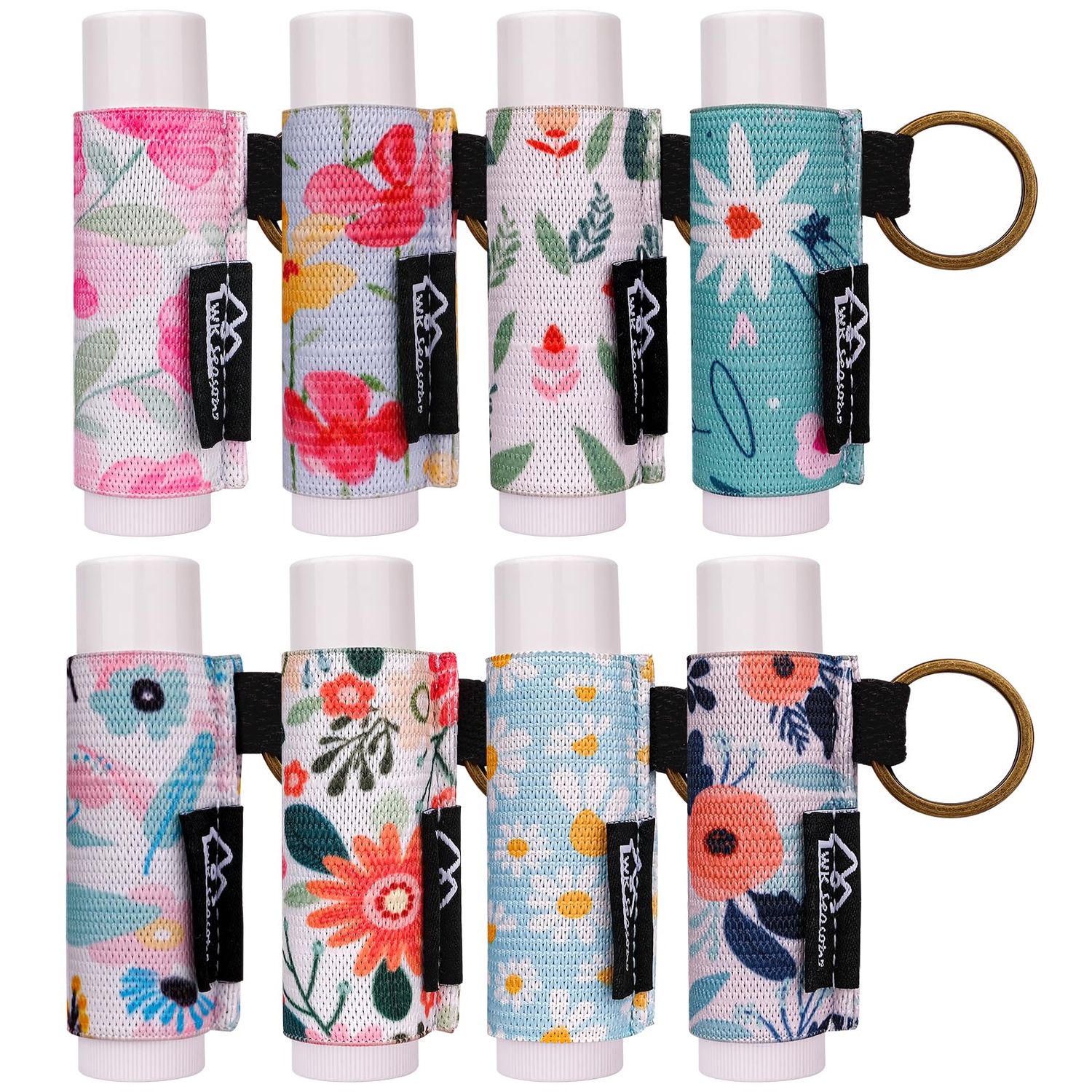 WK IEASON 8PCS Lip Balm &amp; Lip Gloss Holder Keychain - Elastic Holder for Fat &amp; Slim Chapsticks (8pcs Floral A)