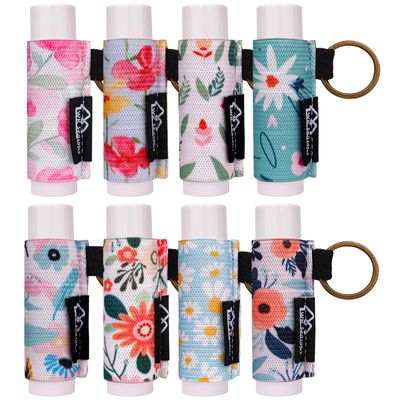 WK IEASON 8PCS Lip Balm &amp; Lip Gloss Holder Keychain - Elastic Holder for Fat &amp; Slim Chapsticks (8pcs Floral A)