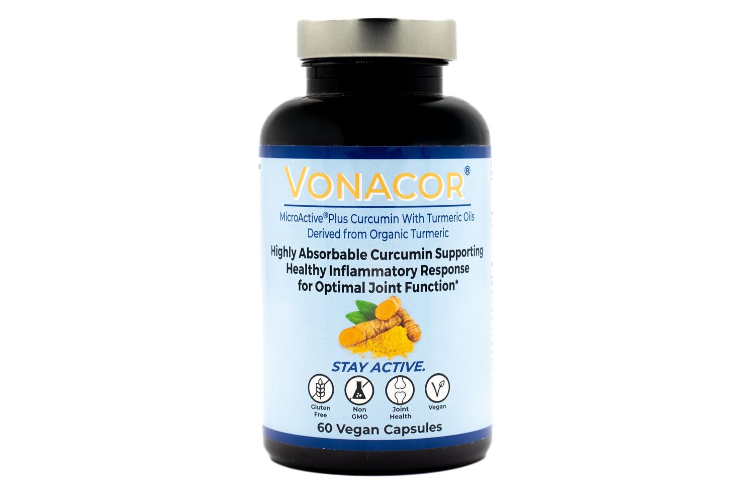 Vonacor, Highly Absorbable MicroActive Curcumin with Turmeric Oil Extract 500mg for Optimal Joint Health, Vegan, Non-GMO, Gluten-Free, 60 Vegan Capsules