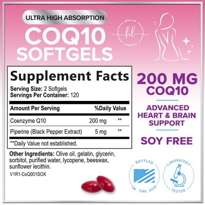 CoQ10 200mg Softgels - Ultra High Absorption, Antioxidant for Heart Health &amp; Energy Production Support - Coenzyme Q10 (Ubiquinone) Co Q 10 Supplement and Vitamins 100mg Each - Non GMO - 240 Softgels