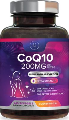 CoQ10 200mg Softgels - Ultra High Absorption, Antioxidant for Heart Health &amp; Energy Production Support - Coenzyme Q10 (Ubiquinone) Co Q 10 Supplement and Vitamins 100mg Each - Non GMO - 240 Softgels