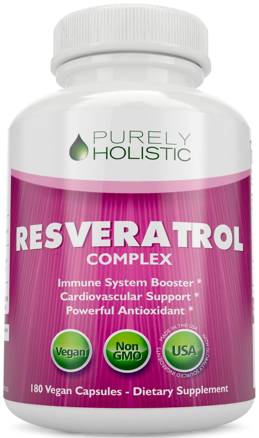 Purely Holistic Resveratrol 1450mg, 90 Servings, Trans-Resveratrol Antioxidant Supplement with Vitamin C and Polyphenol Complex, 180 Vegan Capsules