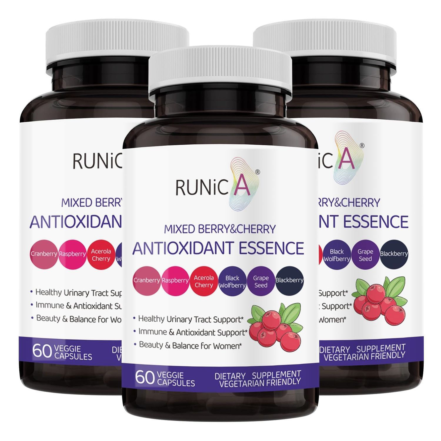 RUNICA Super Antioxidant Supplement for Women - Skin, Healthy Aging, Immune &amp; Urinary Tract Support with Cranberry, Grape Seed &amp; Berry Blend | Nutritional Complex | Vegan Capsules