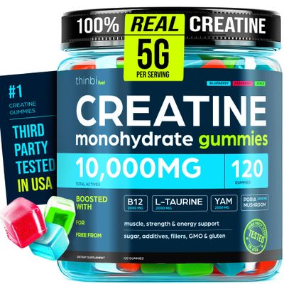 Creatine Gummies Monohydrate Complex 10,000mg for Men &amp; Women -120 Gummies Advanced Formula W/L-Taurine Vitamin B12 for Muscle Strength, Muscle Builder, Energy Boost, Pre-Workout Supplement -Thinbi