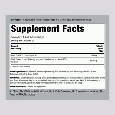 Piping Rock CoQ10 200mg Softgels | 90 Count | Enhanced Absorption | with Black Pepper Extract | Non-GMO, Gluten Free Supplement