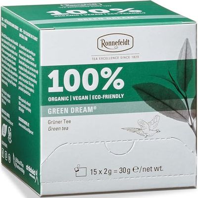 Ronnefeldt 100 Green Dream - Organic Japanese Sencha Asamushi Green Tea - Loose Leaf in 15 Individually Wrapped Bags - Smooth &amp; Refreshing - Caffeine Boost - German Tea Brand