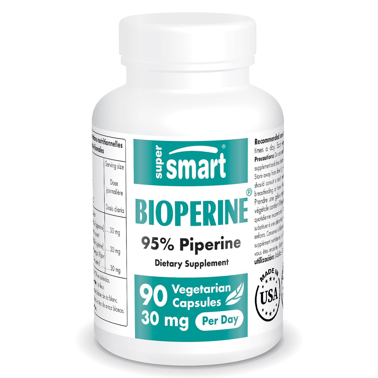 SUPERSMART - Bioperine 30 mg Per Day - Natural Black Pepper Extract 95 Piperine - Help Increase Digestive Enzymes &amp; Gut Flora | Non-GMO &amp; Gluten Free - 90 Vegetarian Capsules