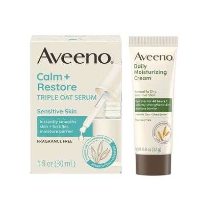 Aveeno Calm Restore Triple Oat Hydrating Face Serum for Sensitive Skin, Hypoallergenic &amp; Fragrance Free Facial Serum, 1 fl. Oz &amp; Trial Size Daily Moisturizing Cream for Body, Face, &amp; Hands, 0.8 oz