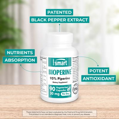 SUPERSMART - Bioperine 30 mg Per Day - Natural Black Pepper Extract 95 Piperine - Help Increase Digestive Enzymes &amp; Gut Flora | Non-GMO &amp; Gluten Free - 90 Vegetarian Capsules