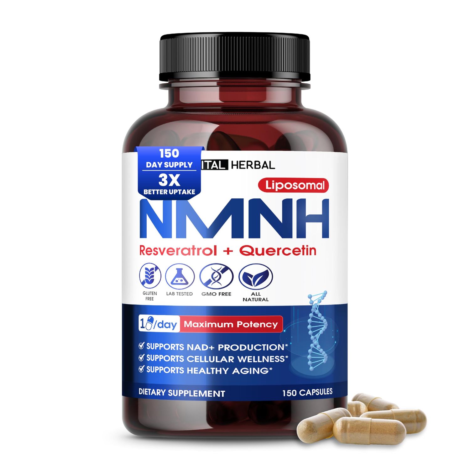 VITAL HERBAL NMNH with Resveratrol Supplement - 150 Capsules - Supports NAD Production, Cellular Energy &amp; Healthy Aging - Made in The USA