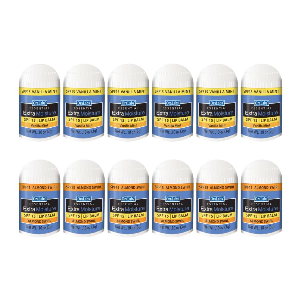 Essential Moisture Mini Lip Balm Variety Pack - 12 Count - 6 Almond Swirl 6 Vanilla Mint - SPF 15 Lip Care - Great for Weddings, Parties, Favors, and Everyday Use