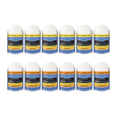 Essential Moisture Mini Lip Balm Variety Pack - 12 Count - 6 Almond Swirl 6 Vanilla Mint - SPF 15 Lip Care - Great for Weddings, Parties, Favors, and Everyday Use