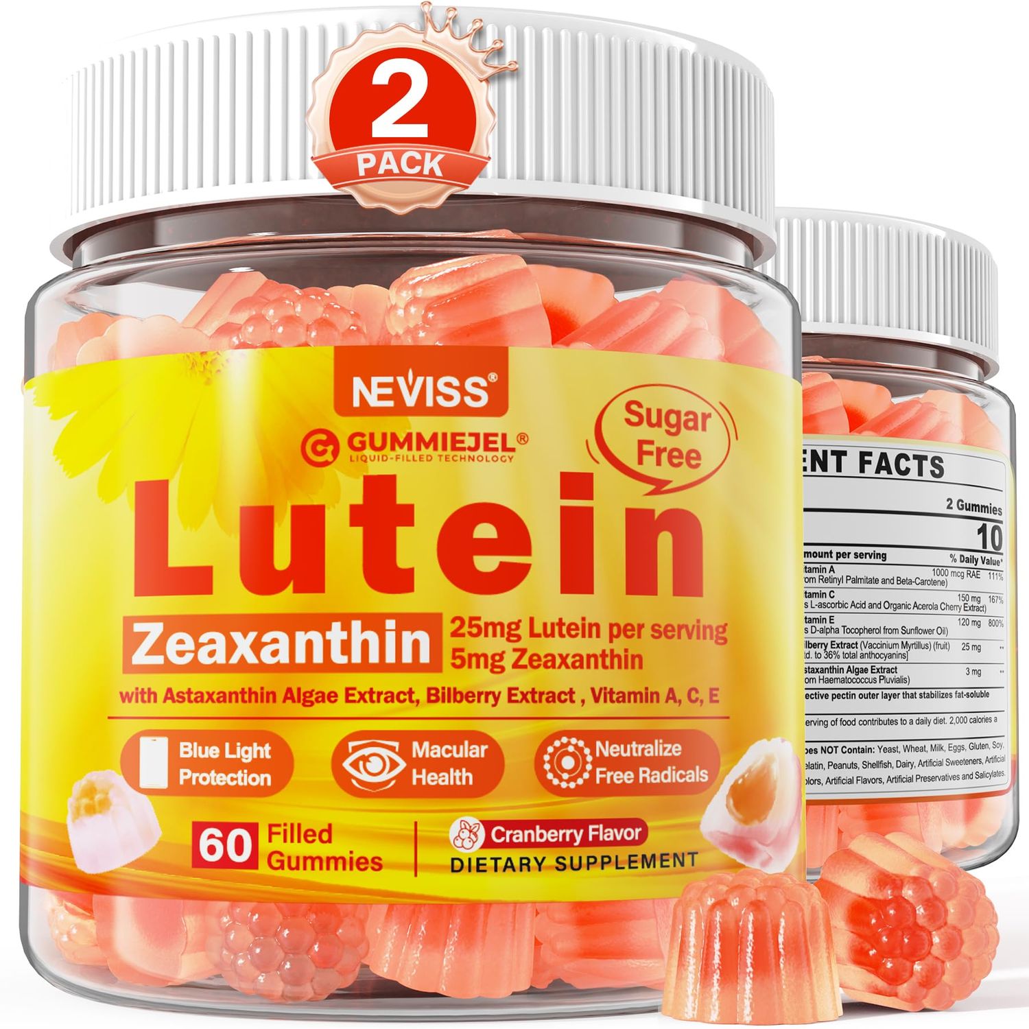 2 Pack Lutein and Zeaxanthin Supplements Gummies (25mg) Vitamins A, C, E, Bilberry, Astaxanthin - Coconut Oil for Better Absorption - for Adults &amp; Teens Vision, Eye, Brain, Skin - Vegan, Sugar Free