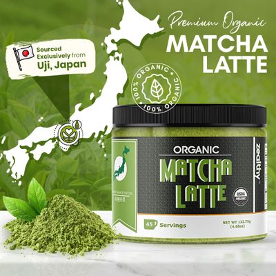 Zealthy Life - Organic Matcha Latte, Pure Japanese Tea Blend with Ashwagandha & Maca, Matcha Tea Powder with Natural Coconut Milk & Vanilla, No Added Sugar, 4.68 oz (45 Servings)