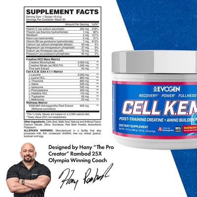 Evogen Cell K.E.M. PR V.2 Reformulated- Post Workout Recovery Powder &amp; Muscle Builder | Creatine Monohydrate, BCAA Powder, EAAs | Recovery, Strength &amp; Fullness | Raspberry Lemonade | 30 Servings