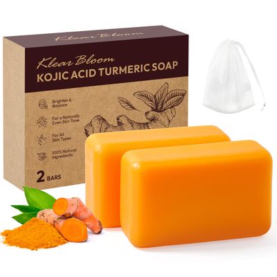 KlearBloom Kojic Acid Soap, Turmeric Soap Bar for Dark Spots Brightening &amp; Moisturizing with Collagen, Vitamin E, Retinol, Hyaluronic Acid, Shea Butter, Paraben &amp; Sulfate-Free 105g x 2 Bars