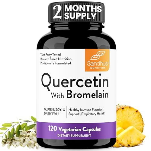 Sandhu&#39;s Quercetin with Bromelain Supplement | 1000mg Per Serving 120 Vegetarian Capsules (Pack of 1) | Bioflavonoids Quercitin Complex for Immune Support &amp; Respiratory Health