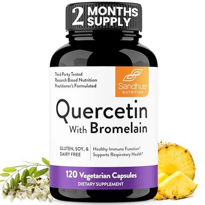 Sandhu&#39;s Quercetin with Bromelain Supplement | 1000mg Per Serving 120 Vegetarian Capsules (Pack of 1) | Bioflavonoids Quercitin Complex for Immune Support &amp; Respiratory Health