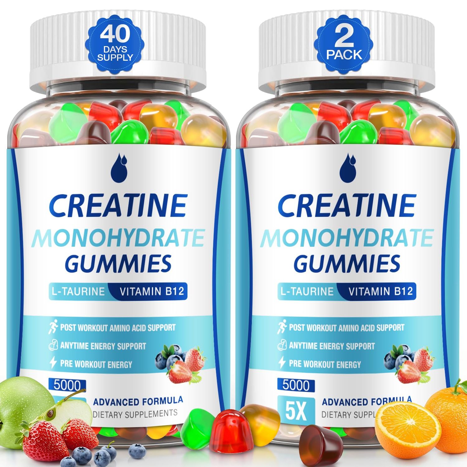 Creatine Gummies for Men &amp; Women - Creatine Monohydrate Gummies 5g, Muscle Builder, Energy Boost &amp; Pre-Workout Supplement, Low Sugar Taurine Chewable Gummy 2 Pack