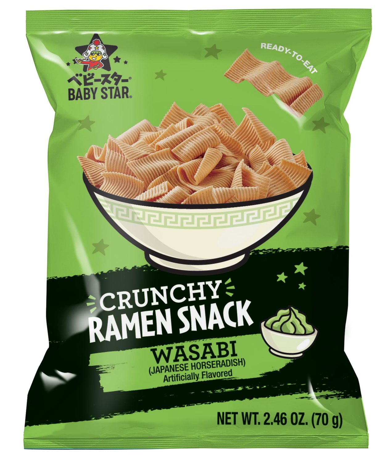 Baby Star Crunchy Ramen Snack Wide | Wasabi 2.46oz (6 Pack) | Delicious Dry Ramen Snack Packs