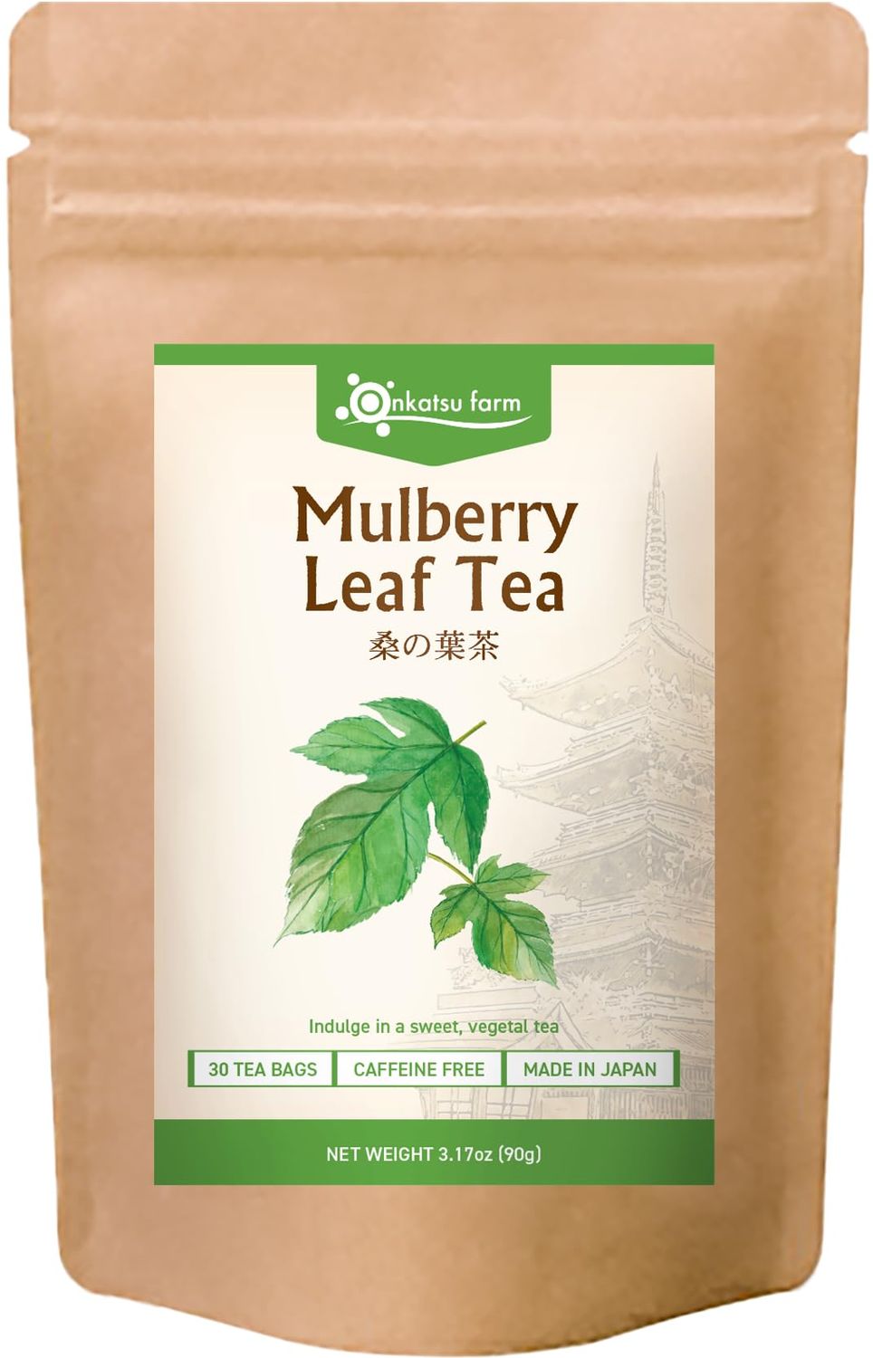 Onkatsu Farm Kuwanoha Mulberry Leaf Tea - Non-Caffeinated - 30 Count Pyramid Tea Bags - Japanese Tea Made In Japan - English Label