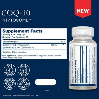 SOLARAY CoQ-10 Phytosome - 9X Absorption CoQ10 200mg - Easy-to-Digest Antioxidants Supplement - Vegan and Made Without Soy - 60-Day Guarantee - 30 Servings, 30 VegCaps