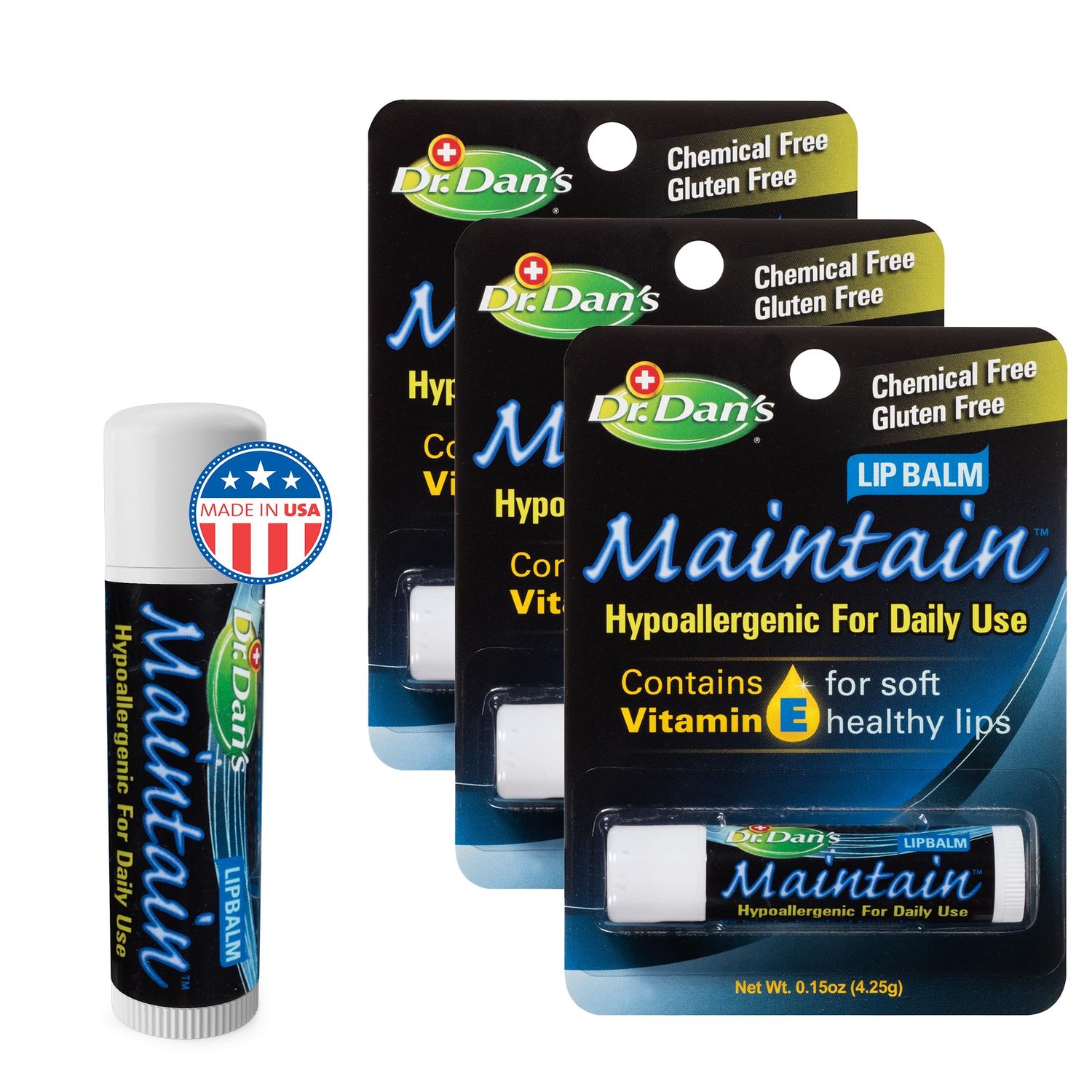 Dr. Dan&#39;s Maintain Lip Balm - Perfect for Everyday and Cortibalm aftercare, Mild Ingredients &amp; Beeswax, Vitamin E Enriched for Moisturizing Dry Lips, Ensures Smooth, Soft Feel, 3 Pack