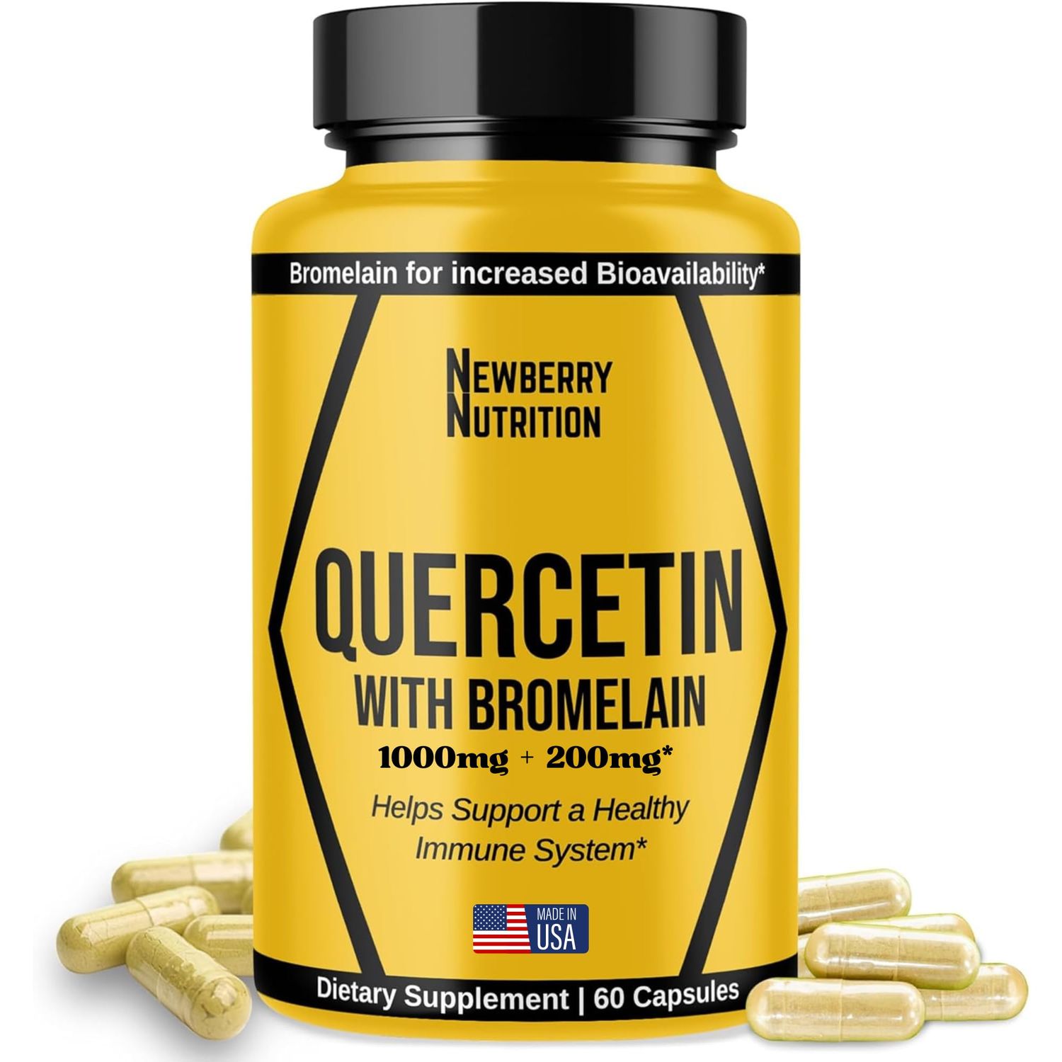 Newberry Nutrition Quercetin with Bromelain Supplement 1200mg, Quercetin 500mg Capsules, Helps Support Healthy Immunity, Potent Antioxidant, 60 Count