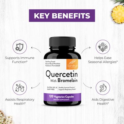 Sandhu's Quercetin with Bromelain Supplement | 1000mg Per Serving 120 Vegetarian Capsules (Pack of 1) | Bioflavonoids Quercitin Complex for Immune Support &amp; Respiratory Health