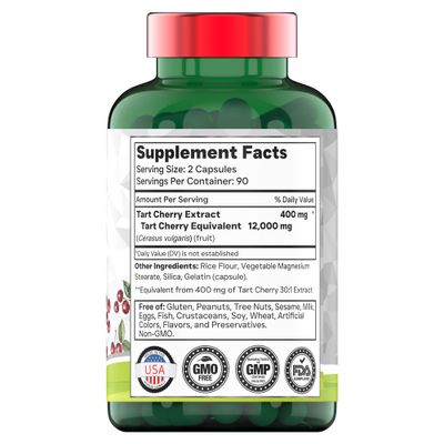 tnvitamins Tart Cherry Capsules 12,000 mg Per Serving - 180 Count | Ultra-Potent Tart Cherry Extract Capsules | Joint, Sleep, & Recovery Support | High in Antioxidants | Non-GMO | Made in The USA!