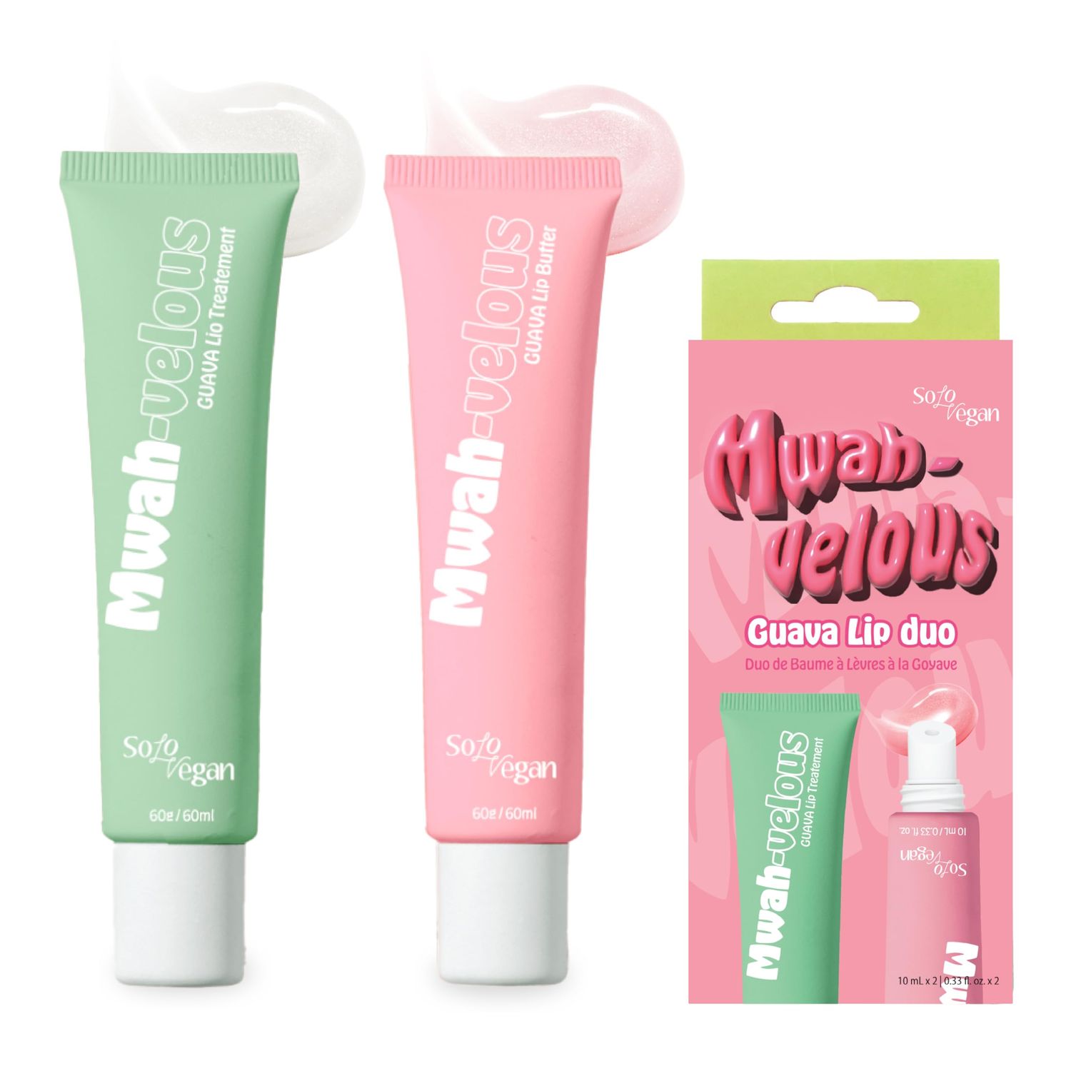SoloVegan Mwah-velous Guava Lip Duo for Day &amp; Night - Hydrating Lip Butter with Rosehip Oil, Guava &amp; Nourishing Lip Treatment with Hyaluronic Acid for Soft, Plump Lips