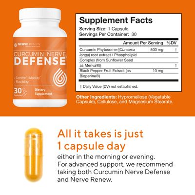 NERVE RENEW Curcumin Nerve Defense with Meriva Curcumin Phytosome for Complete Nerve Nourishment and Comfort - Optimized Curcumin with Black Pepper Extract - 30 Capsules