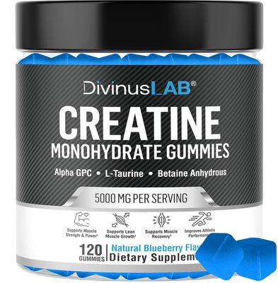 DivinusLab Creatine Monohydrate Gummies 5g (5000mg) for Men &amp; Women, 120 Count, Sugar-Free Creatine Pre Workout Chews for Energy Boost, Creatine Supplement for Muscle Building &amp; Strength, Blueberry