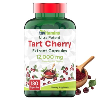 tnvitamins Tart Cherry Capsules 12,000 mg Per Serving - 180 Count | Ultra-Potent Tart Cherry Extract Capsules | Joint, Sleep, &amp; Recovery Support | High in Antioxidants | Non-GMO | Made in The USA!