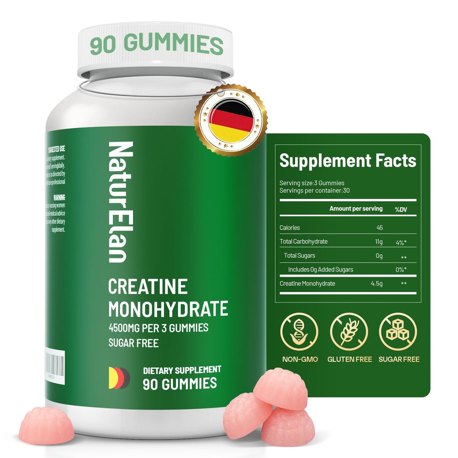 NaturElan Creatine Monohydrate Gummies 4500mg, Sugar Free Creatine Supply for Men &amp; Women,Pre Workout Supplement Supports Muscle Growth, Strength &amp; Faster Recovery, Third-Party Tested, Vegan, Non-GMO