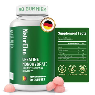 NaturElan Creatine Monohydrate Gummies 4500mg, Sugar Free Creatine Supply for Men &amp; Women,Pre Workout Supplement Supports Muscle Growth, Strength &amp; Faster Recovery, Third-Party Tested, Vegan, Non-GMO