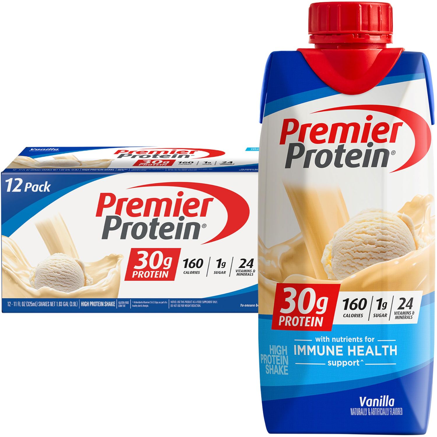 Premier Protein Protein Shake, Vanilla, 30g Protein, 1g Sugar, 11 fl oz Pack of 12