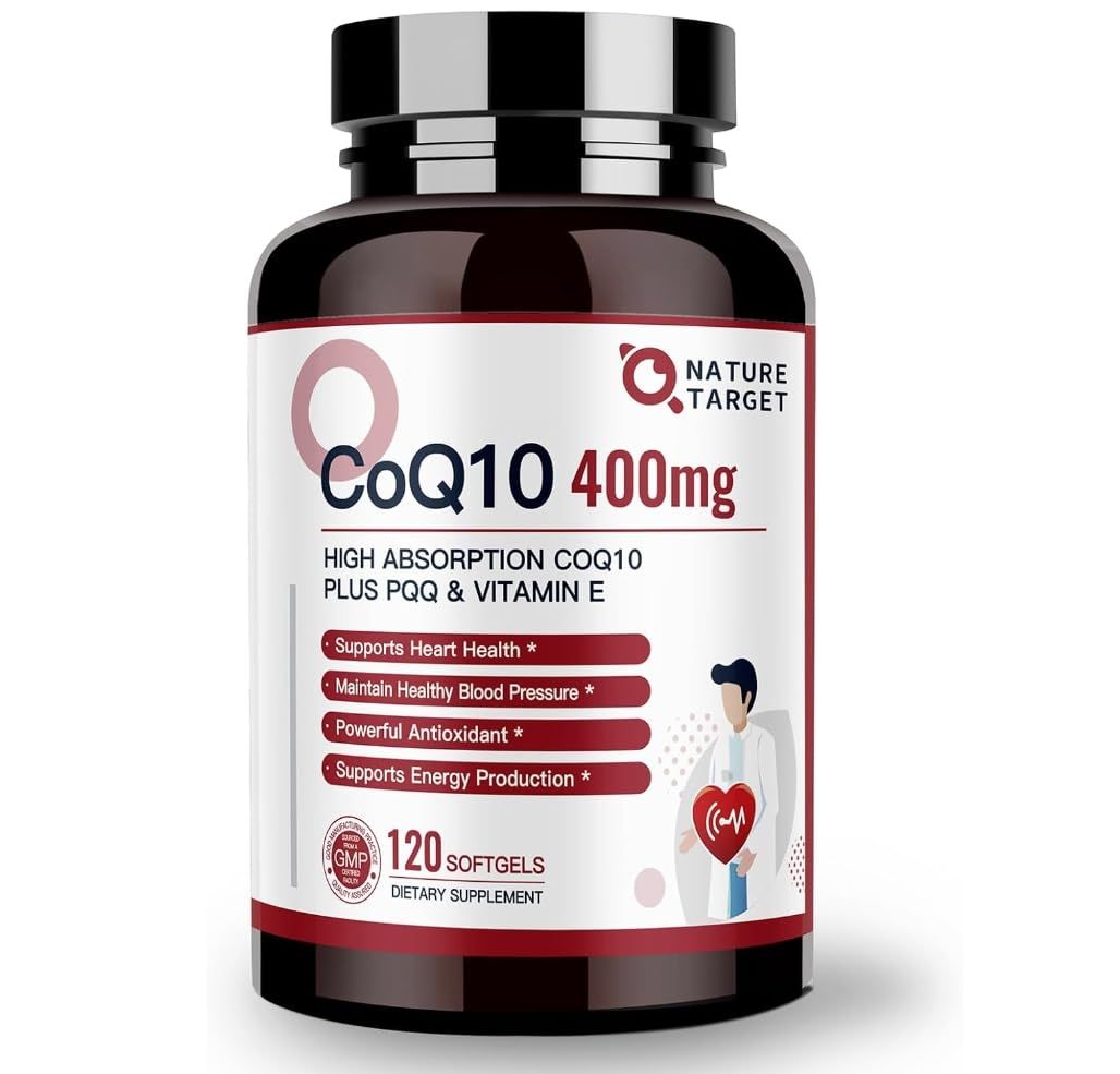 NATURE TARGET CoQ10-400mg Plus PQQ with Vitamin E &amp; Organic Olive Oil - Coenzyme-Q10 with BioPerine - High Absorption Antioxidant-for-Heart-Health and Energy Production,120 Servings