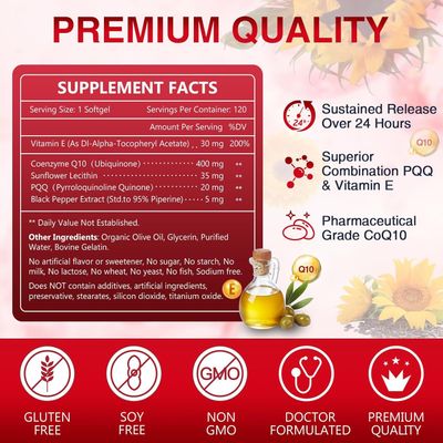 NATURE TARGET CoQ10-400mg Plus PQQ with Vitamin E &amp; Organic Olive Oil - Coenzyme-Q10 with BioPerine - High Absorption Antioxidant-for-Heart-Health and Energy Production,120 Servings