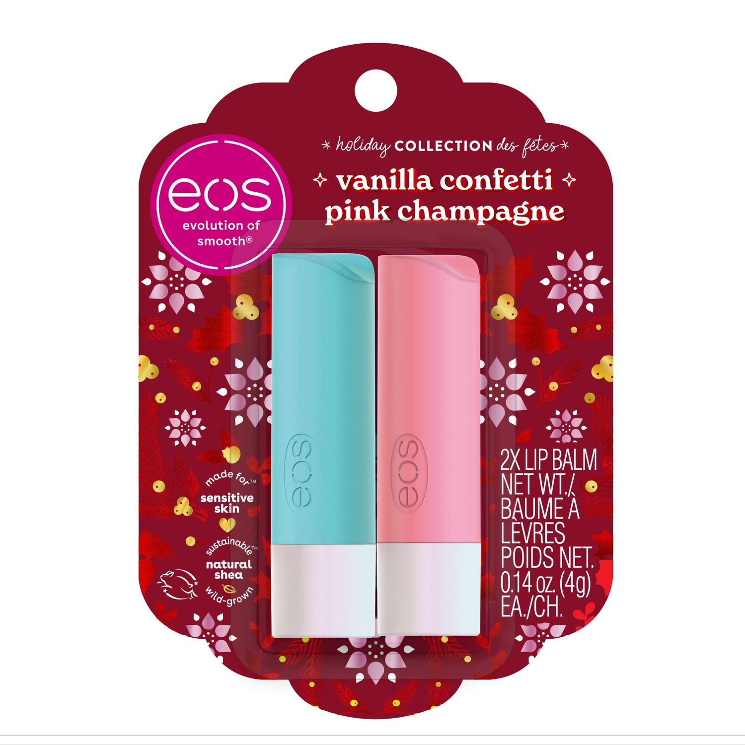 EOS Limited Edition Holiday Lip Balm, Raspberry Cloud &amp; Blackberry Bellini, All-Day Moisture, Made for Sensitive Skin, 0.14 oz, 2-Pack, Clear
