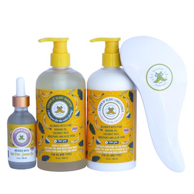 Blessed Bananas - Crown of Glory Scalp &amp; Hair Bundle - All Natural Banana Oil Hair Care Set - Shampoo, Conditioner, Mask, &amp; Styling Products - Enhance Scalp &amp; Hair Health, Add Shine