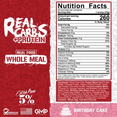 5 Nutrition Rich Piana Real Carbs Protein | Clean Mass Gainer Meal Replacement Protein Powder | Carbohydrate for Pre Workout/Post-Workout Recovery Meal | 3 lb, 20 Srvgs (Birthday Cake Protein)