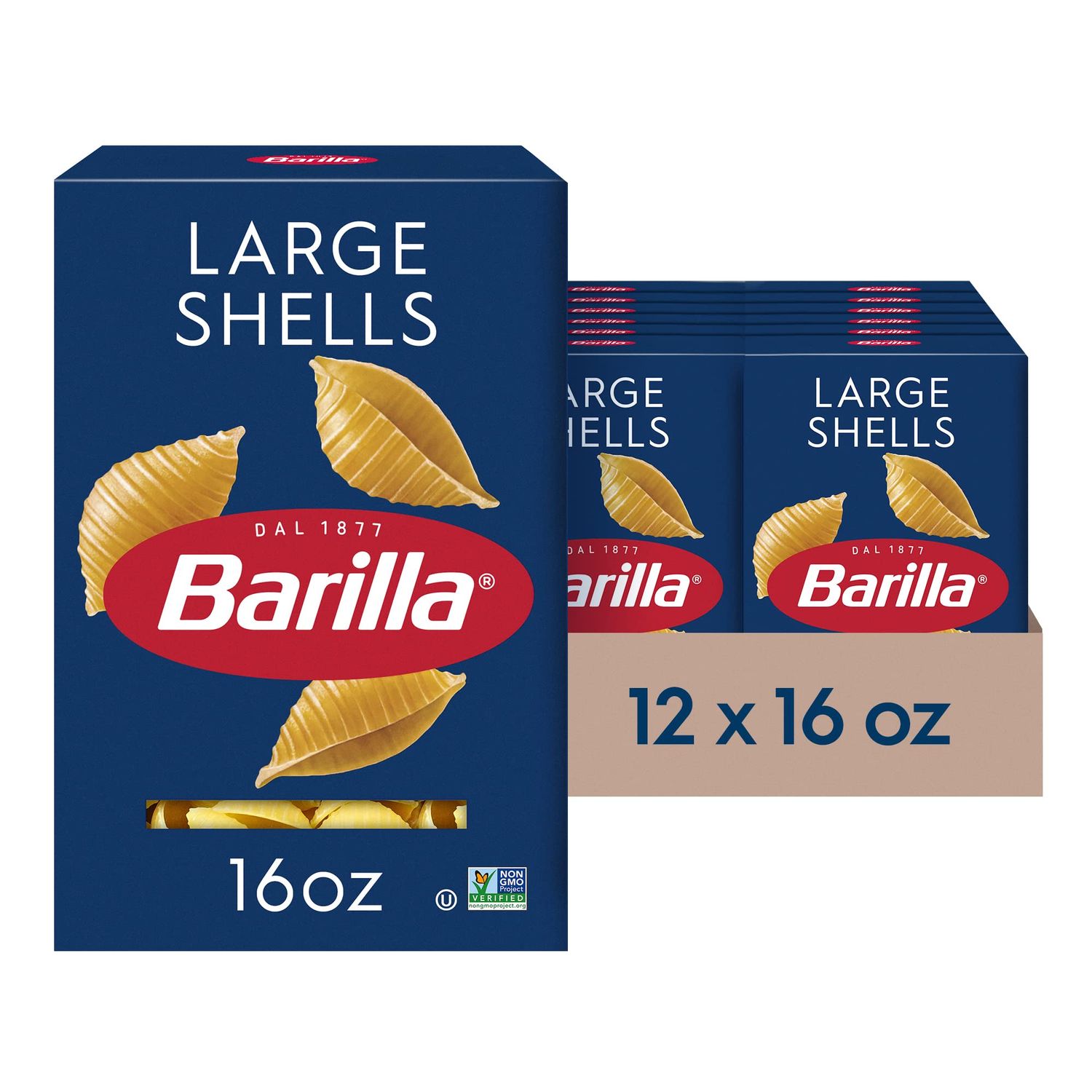 Barilla Large Shells Pasta, 16 oz. Box (Pack of 12) - Non-GMO, Made with Durum Wheat Semolina - Kosher Certified