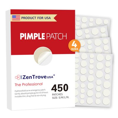 ZenTroveUSA 450 Pimple Patches for Face, 4 Size Acne Patches, Hydrocolloid Patches for Covering Zits and Blemishes, Spot Stickers with Salicylic Acid, Glycolic Acid, Tea Tree Oil and Calendula Oil