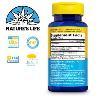Nature's Life Tart Cherry 1200mg - Tart Cherry Juice Concentrate Tablets - Healthy Uric Acid Levels, Muscle Recovery Support - Source of Anthocyanins Antioxidants, 60-Day Guarantee, 30 Servings, 30ct