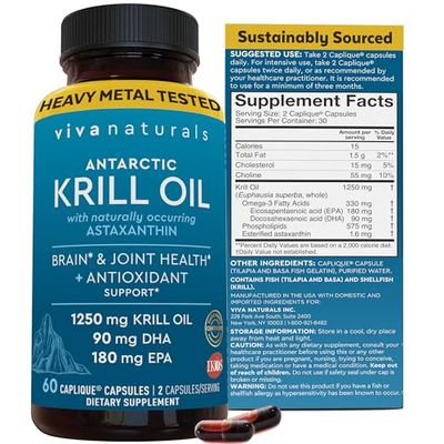 Viva Naturals Antarctic Krill Oil Omega 3 Supplements 1250 mg - DHA EPA Omega-3 &amp; Astaxanthin Concentration for Joint Health, No Fish Burp - 60 Omega 3 Krill Oil Capsules