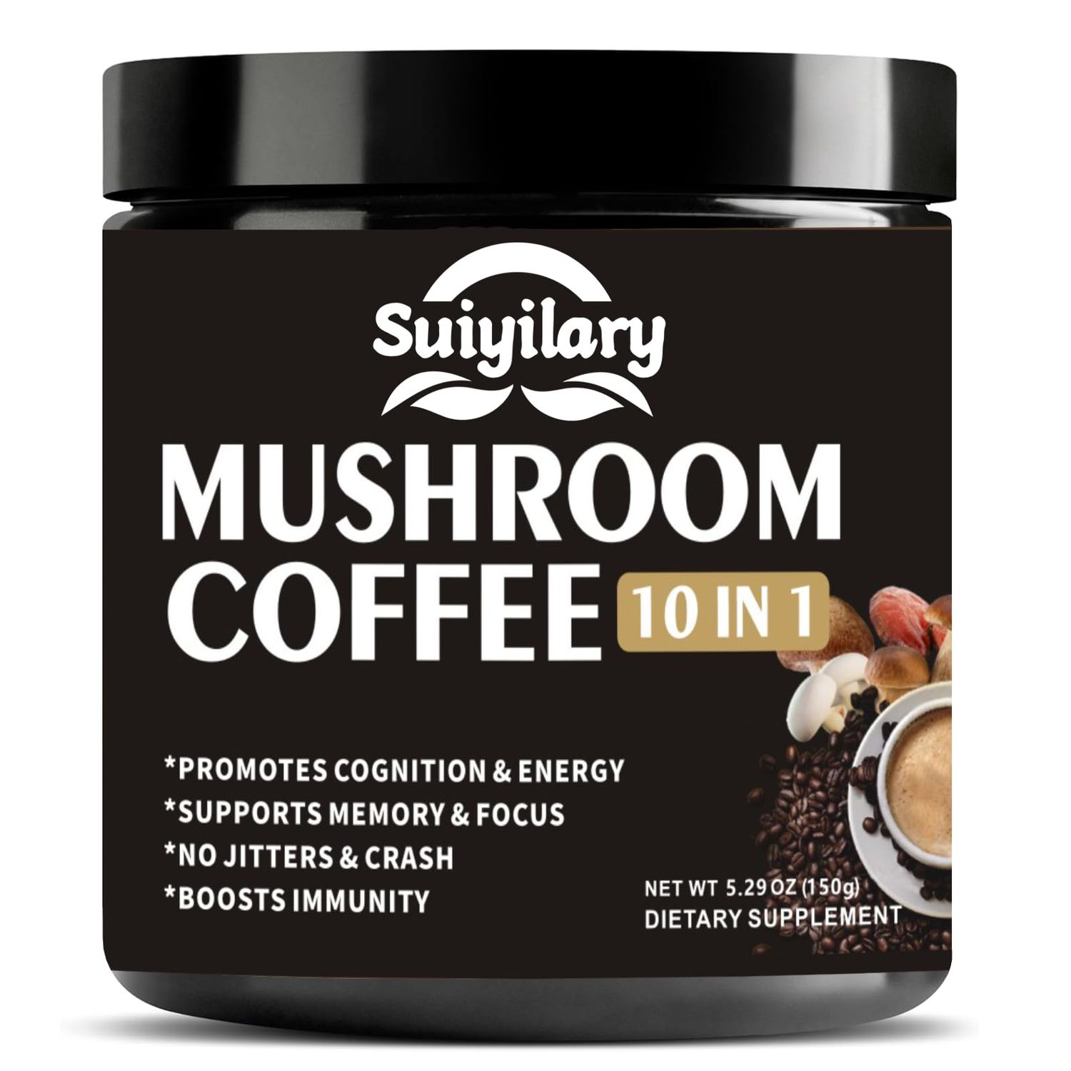 Mushroom Coffee, 10 Mushroom Extract Powder Blend Lion&#39;s Mane, Reishi, Chaga, Cordyceps, Turkey Tail, Brain Supplements with Instant Coffee for Energy, Focus, Memory and Immunity 150g 30 Serving