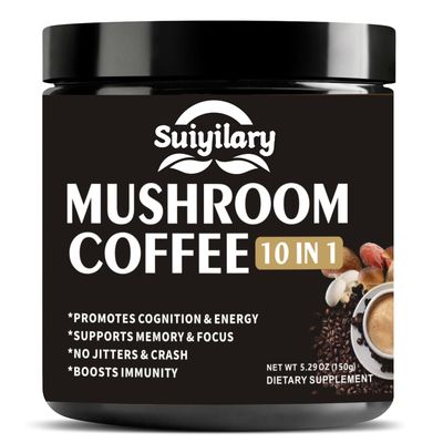Mushroom Coffee, 10 Mushroom Extract Powder Blend Lion&#39;s Mane, Reishi, Chaga, Cordyceps, Turkey Tail, Brain Supplements with Instant Coffee for Energy, Focus, Memory and Immunity 150g 30 Serving