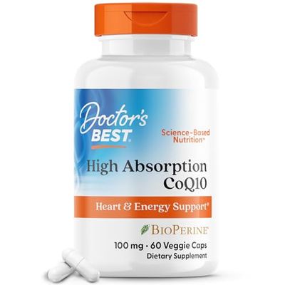 Doctor&#39;s Best High Absorption CoQ10 with BioPerine, Vegan, Gluten Free, Naturally Fermented, Heart Health &amp; Energy Production, 100 mg 60 Veggie Caps
