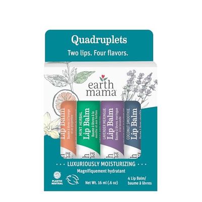 Earth Mama Lip Balm Quadruplets 4-Pack | No Petroleum, Artificial Colors or Flavors